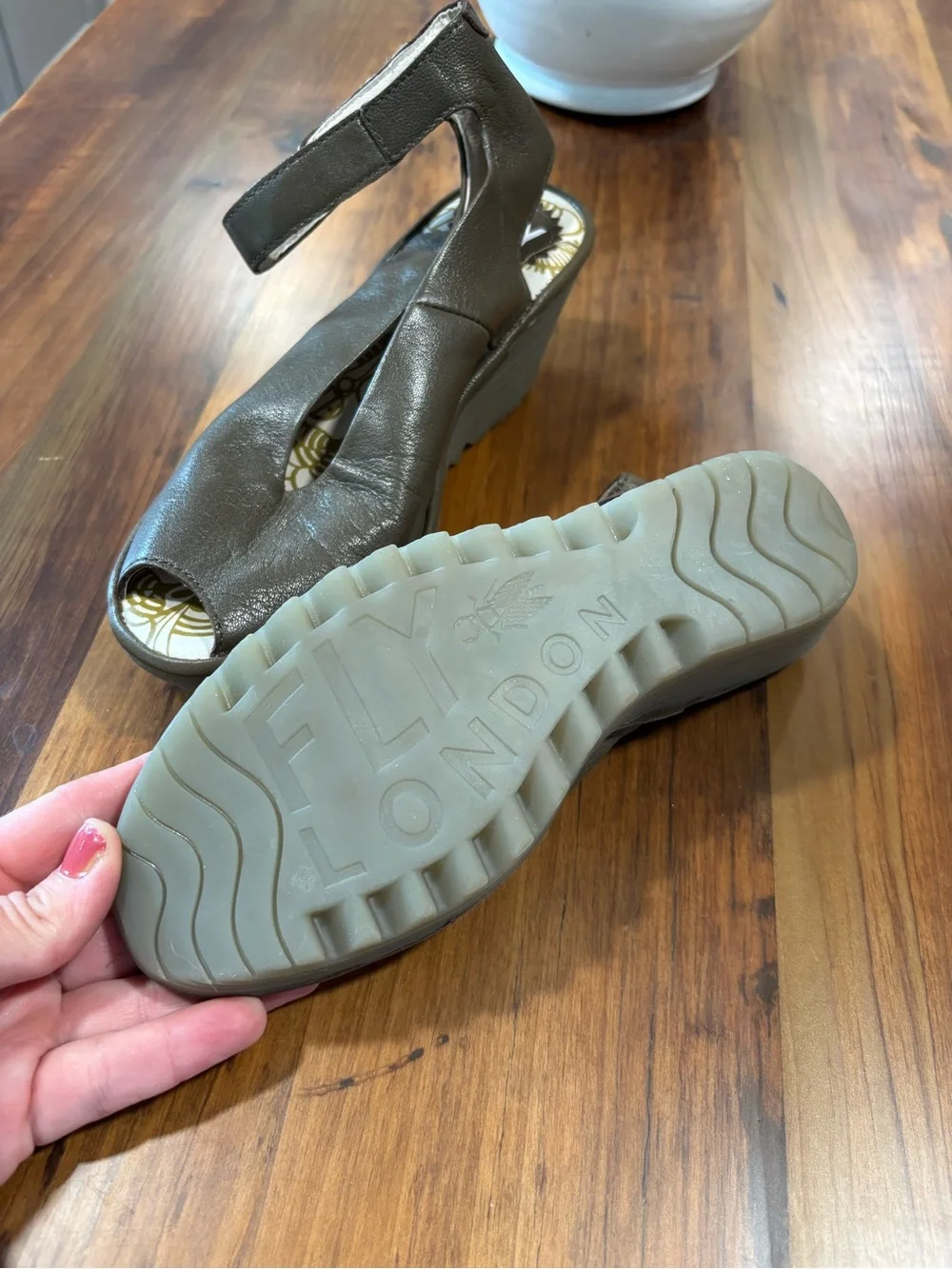 Fly London YALA Leather Peep Toe Wedge Sandal Size 7 1/2 Euro 38 - Olive Green